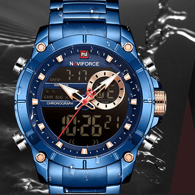 NAVIFORCE 9163 Waterproof Alarm Business Style Dual Display Watch Full Steel Quartz Watch - Trendha
