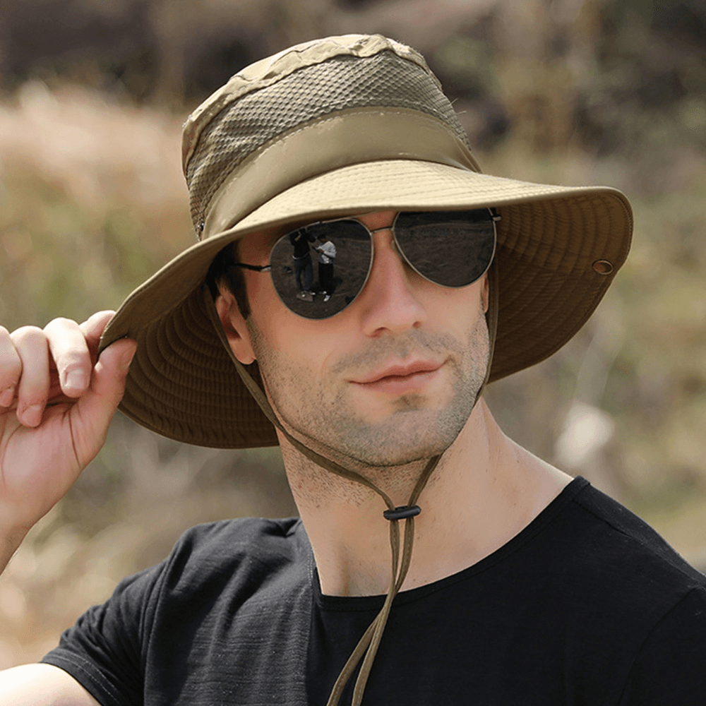 Men Foldable Mesh Breathable Sunshade Hat Windproof Rope Adjustable Outdoor Fishing Anti-Uv Bucket Hat - Trendha