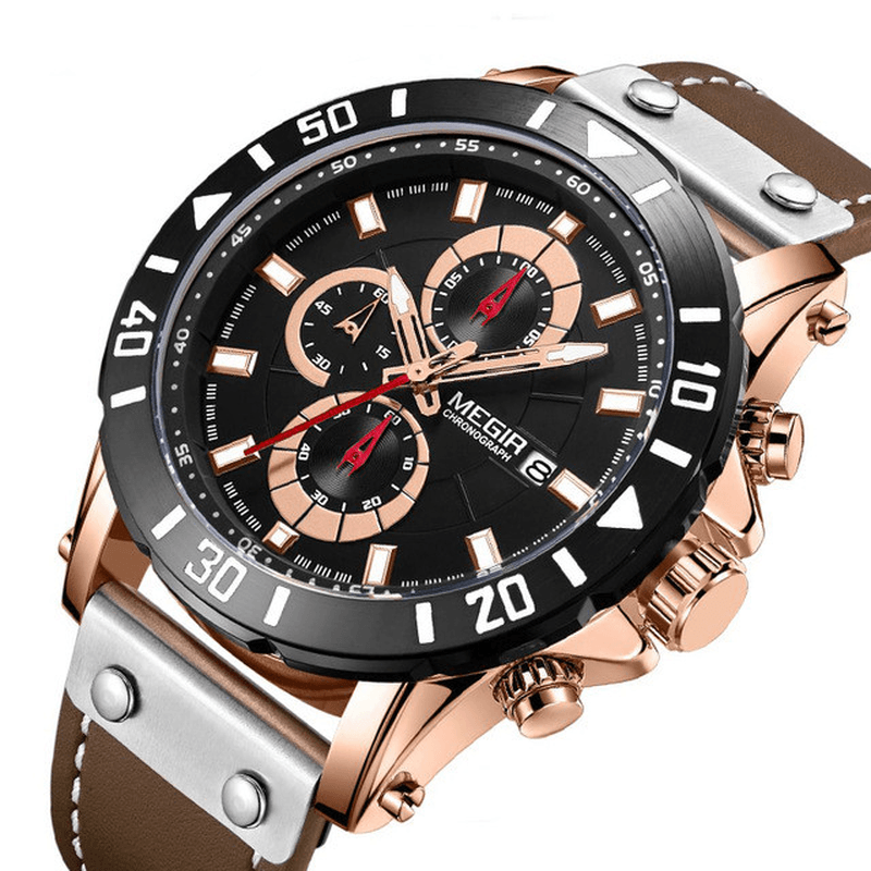 MEGIR 2081 Chronograph Luminous Quartz Watch Waterproof Leather Timing Men Watch - Trendha