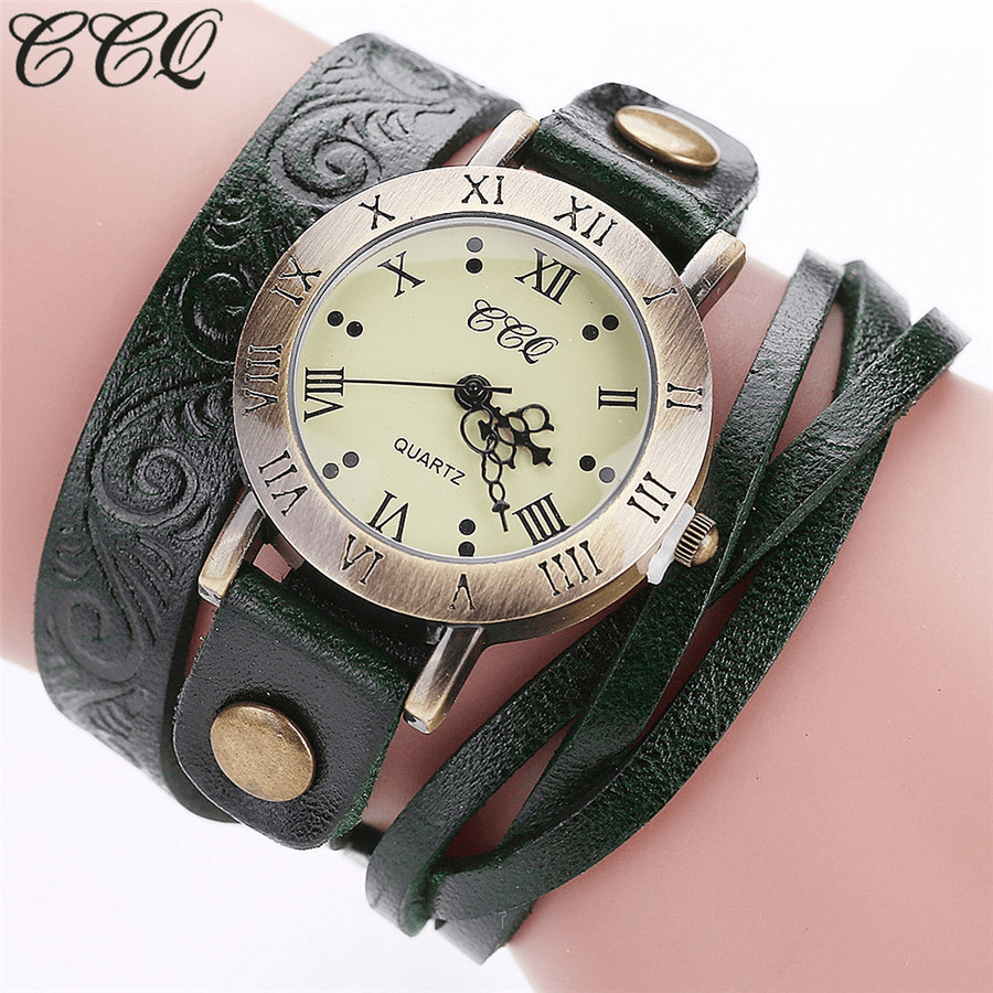 Vintage Retro Style Women Quartz Watch Cowhide Nicked Roman Numeral Leather Circle Wrist Watch - Trendha