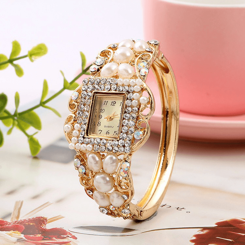 Fashionable Pearl Bracelet Diamond Watch Exquisite Ladies Dress Women Quartz Watch - Trendha