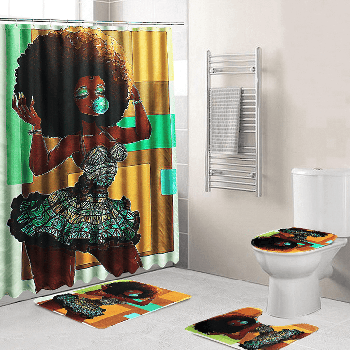 African Fashion Girl Shower Curtain Waterproof Bathroom Toilet Floor Mat Pad - Trendha