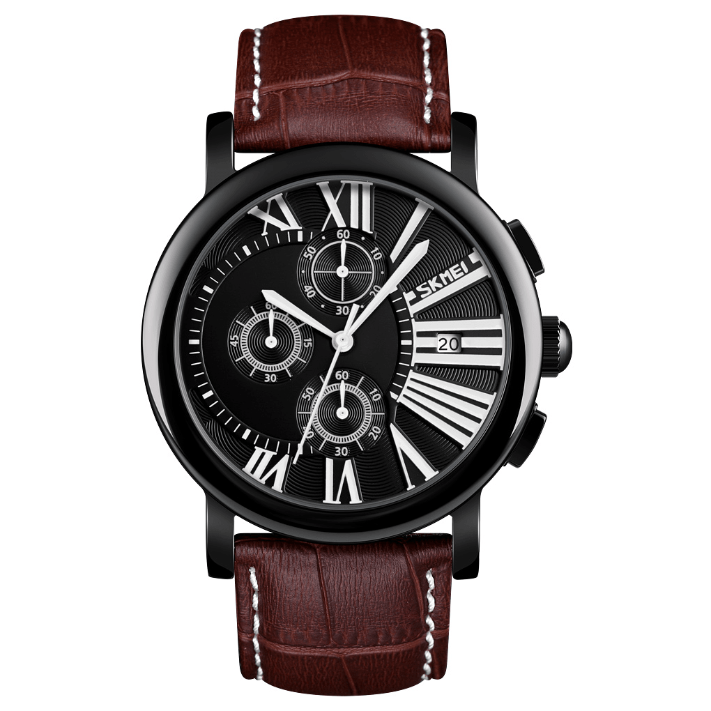 SKMEI 9196 Men Fashion Leather Strap Stopwatch Date Display Roman Numerals Sport Quartz Watch - Trendha