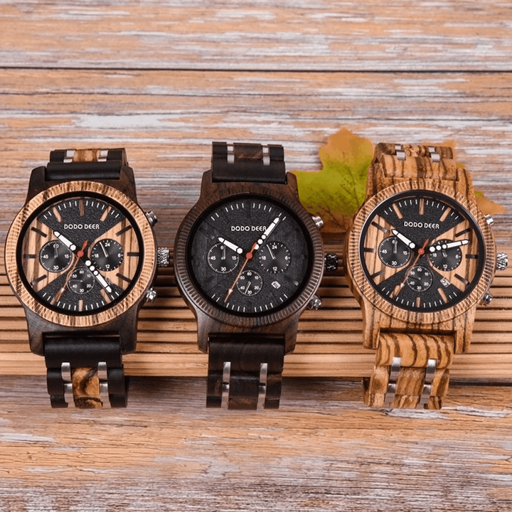 DODO DEER C08 Fashion Date Display Stopwatch Calendar Wooden Men Quartz Watch - Trendha