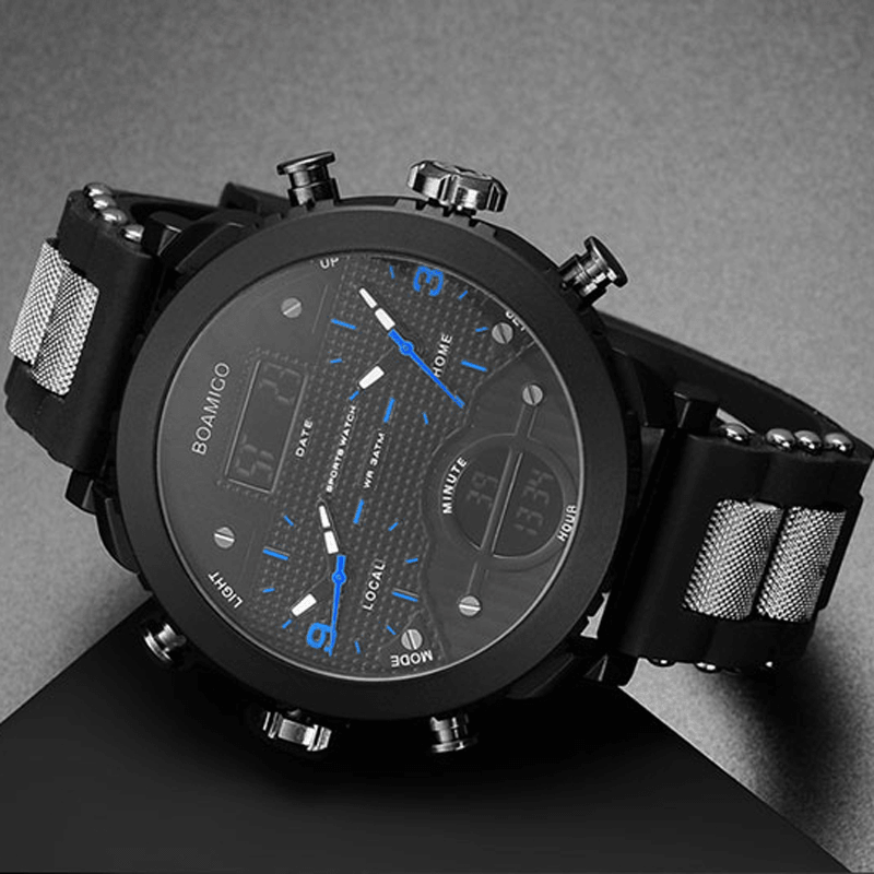 BOAMIGO F905 Fashion Men Digital Watch 3 Time Zone Date Week Month Display Chronograph Waterproof Dual Display Watch - Trendha