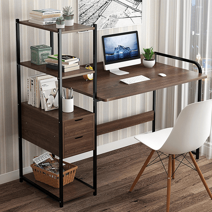 Computer Desk Home Student Desk Bookshelf Combination with Storage Shelf and 2 Drawers Simple Bedroom Office Desk - Trendha