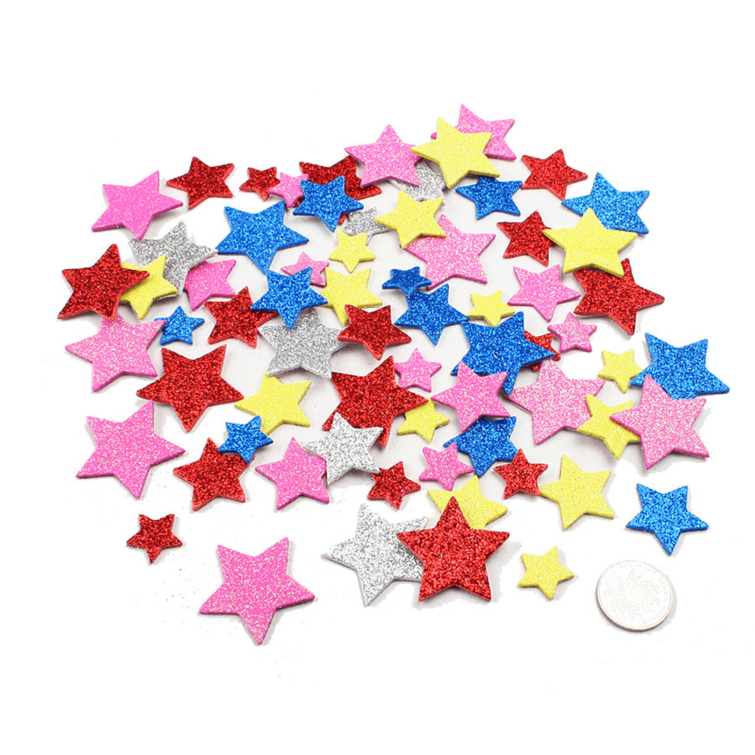 30Pcs Assorted Glitter Shapes Hearts Stars round Flowers Foam Stickers DIY Craft - Trendha