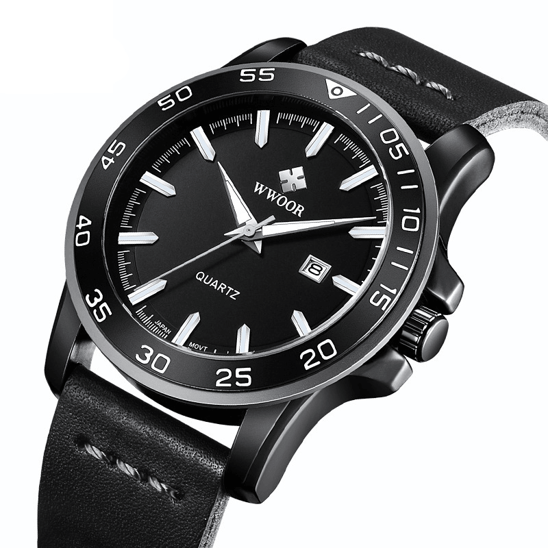 WWOOR 8834 Date Display Casual Style 5ATM Waterproof Men Watch Leather Band Quartz Watch - Trendha