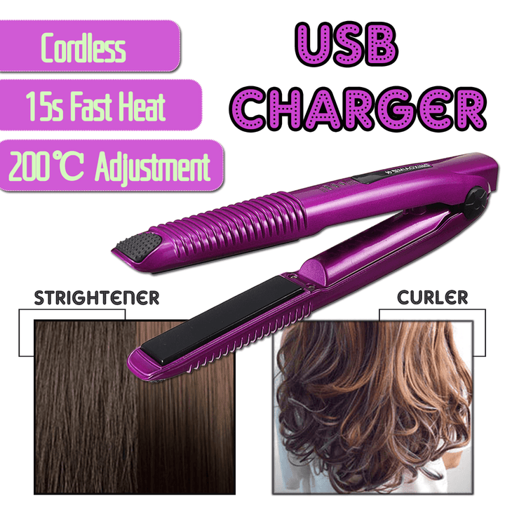 Portable USB Hair Straightener Styling Hair Curler Waver Wireless Ceramic Flat Iron - Trendha