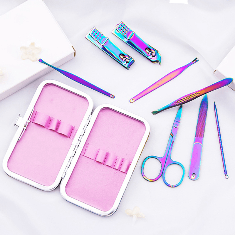 8Pcs Rainbow Stainless Steel Nail Clippers Set Professional Scissors Suit with Box Trimmer Grooming Manicure Cutter Kits - Trendha