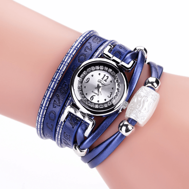 Fashion Luxury Rhinestone PU Leather Women Quartz Watch Bracelet Watch - Trendha