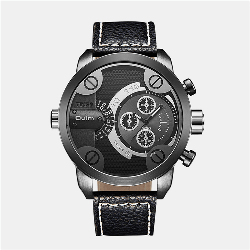 Vintage Men Watch Large Dial Dual Time Zone Leather Quartz Watch - Trendha