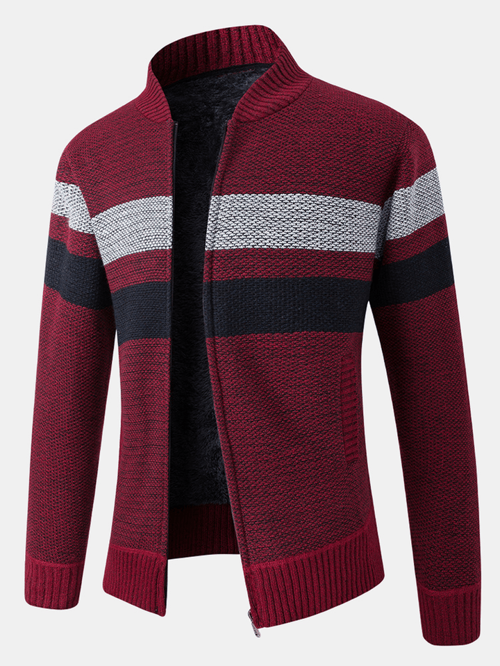 Mens Patchwork Zip Front Rib-Knit Plush Lined Cotton Cardigans with Pocket - Trendha
