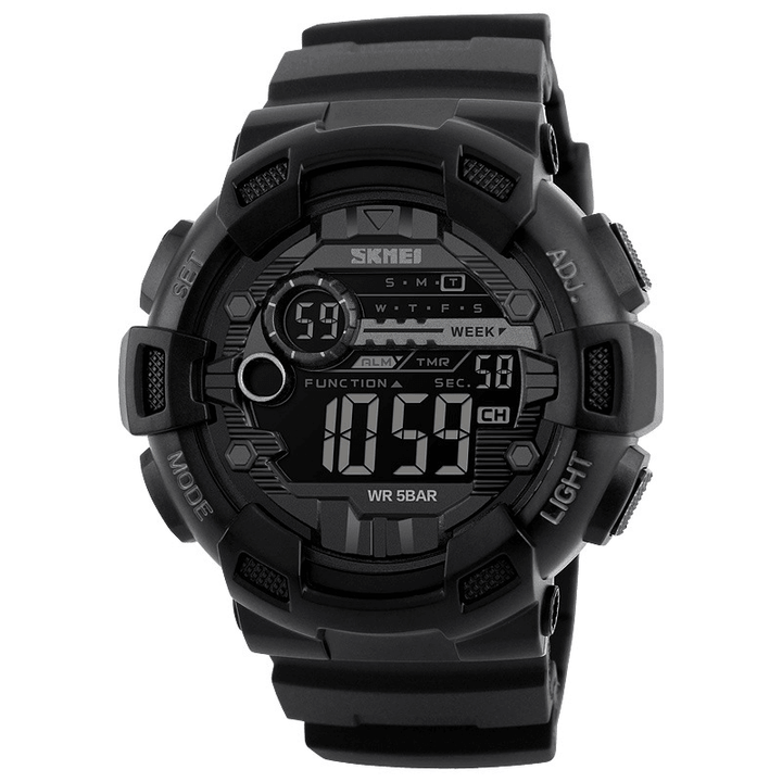 SKMEI 1243 Luminous Week Display Stopwatch Countdown 5ATM Waterproof Dual-Time Sport Men Digital Watch - Trendha