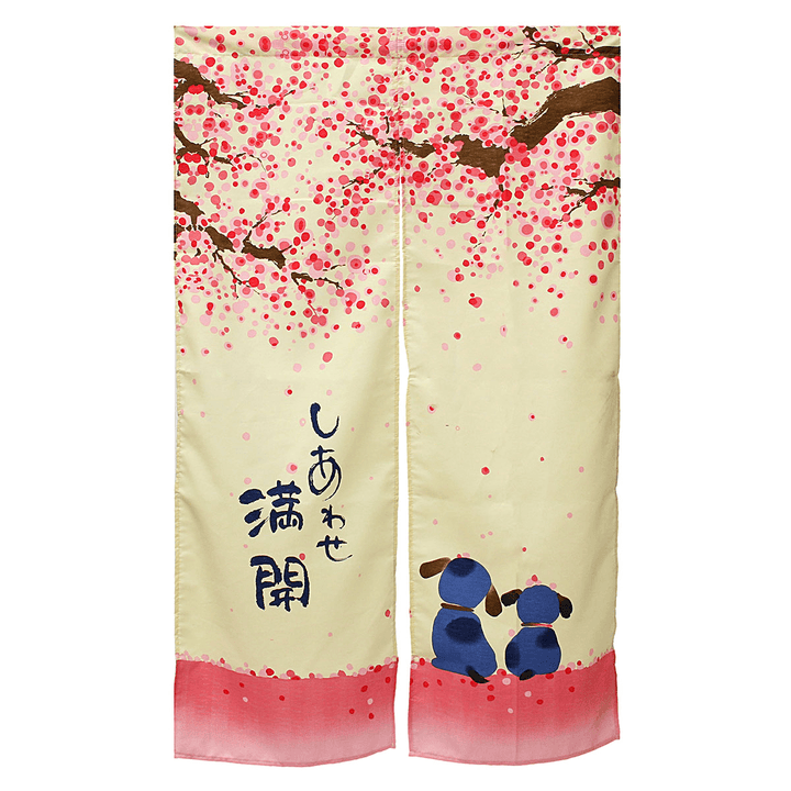 150 X 85Cm Romantic Blossom Cherry Sakura and Little Dog Japanese Noren Doorway Curtain - Trendha