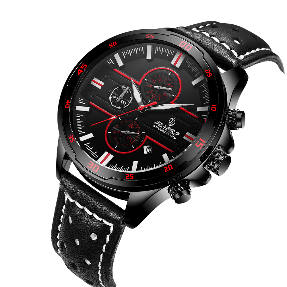 SENORS SN007 Multi-Functional Chronograph Calendar Fashion Waterproof Genuine Leather Strap Men Quartz Watch - Trendha