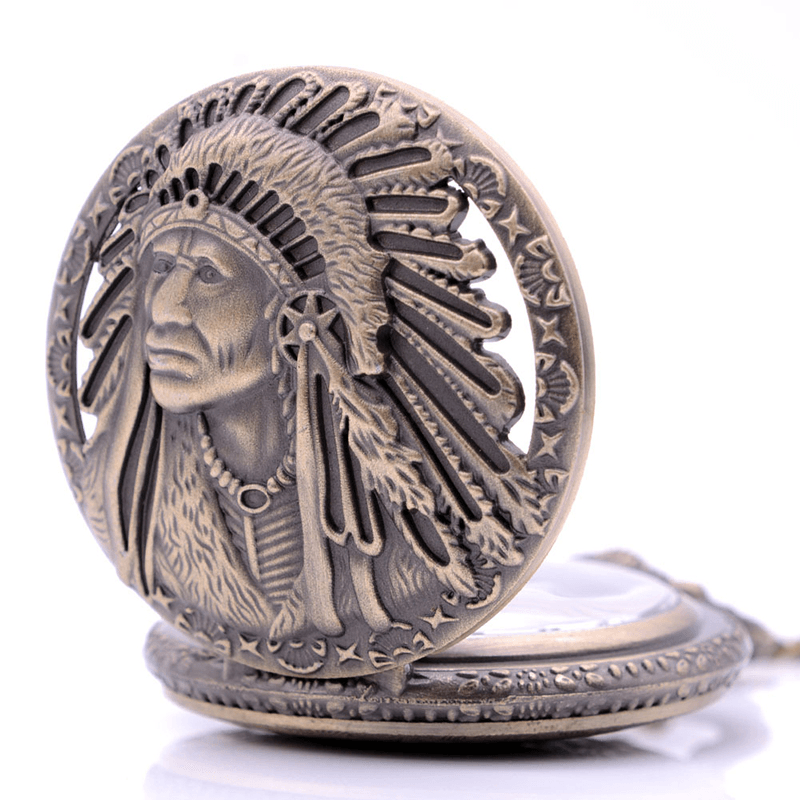 DEFFRUN Retro Indian Tribe Feather Head Portrait Relief Quartz Watch Pocket Watch - Trendha