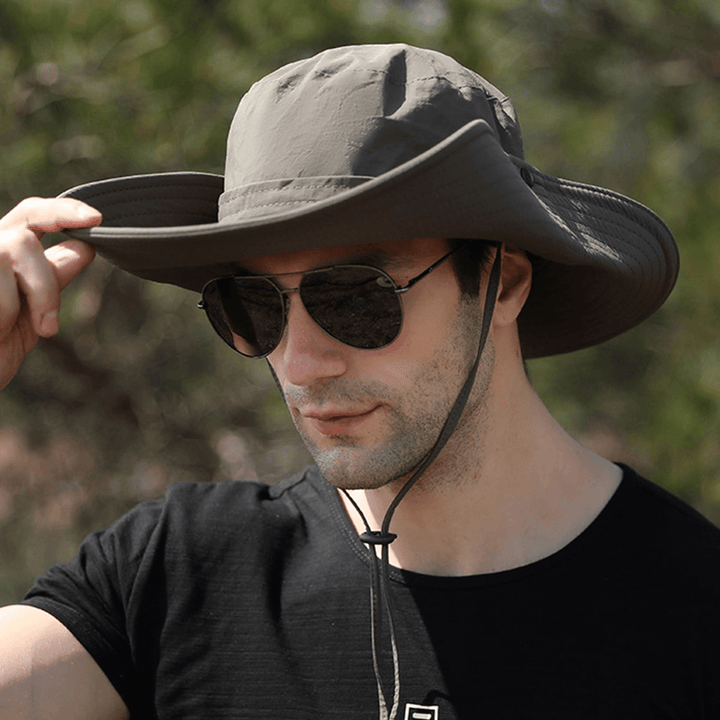 Men Dual-Use Anti-Uv Bucket Hat Big Brim Windproof Rope Adjustable Outdoor Fishing Sunshade Hat - Trendha