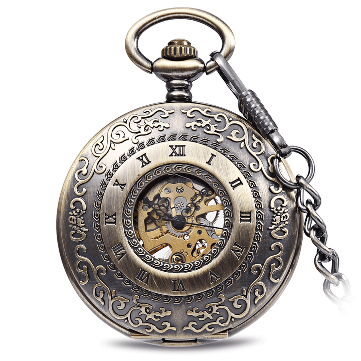 JIJIA JX009 Carved Flower Cover Hollow Cover Alloy Bronze Mechanical Pocket Watch - Trendha
