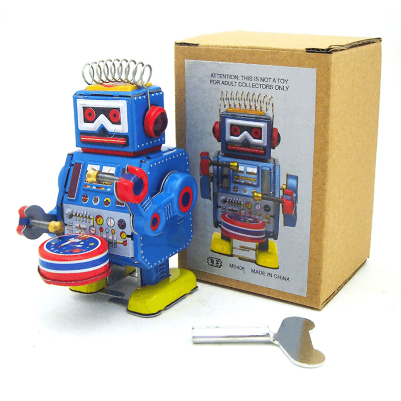Classic Vintage Clockwork Wind up Drum Playing Robot Reminiscence Children Kids Tin Toys with Key - Trendha