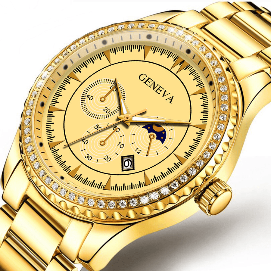 Fashion Alloy Stainless Steel Calendar Strap Big Head Diamond Watch Quartz Watch - Trendha