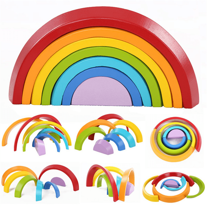 7 Colors Wooden Stacking Rainbow Shape Children Kids Educational Play Toy Set - Trendha