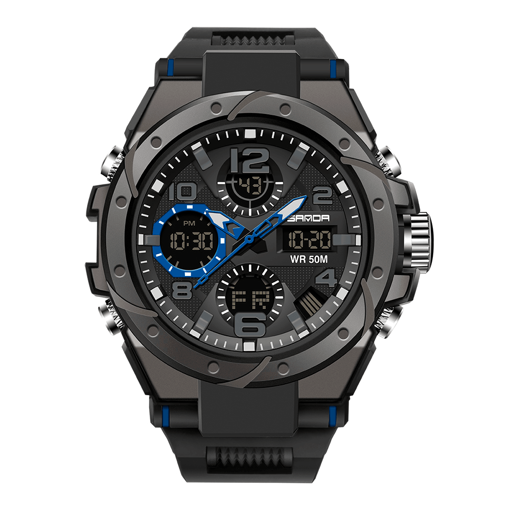 SANDA 6008 Sport Style Alarm Clock Luminous Display Watch Fashion Men Waterproof Dual Display Digital Watch - Trendha