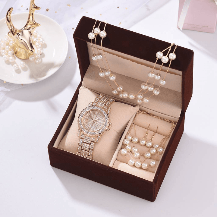 Deffrun 4 Pcs Women Watch Set Full Diamond round Watch Pearl Bracelet Earrings Necklace Gift Kit - Trendha