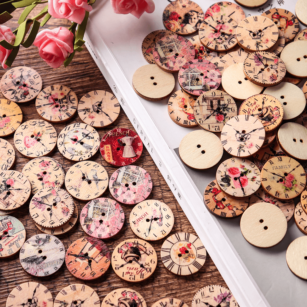 50PCS 25MM 2 Holes Decorative Clock Pattern Log Painted round Shape Fasteners Buttons - Trendha