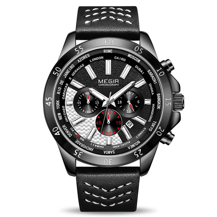 MEGIR 2103 Military Chronograph Calendar Luminous Men Wrist Watch Leather Strap Quartz Watch - Trendha