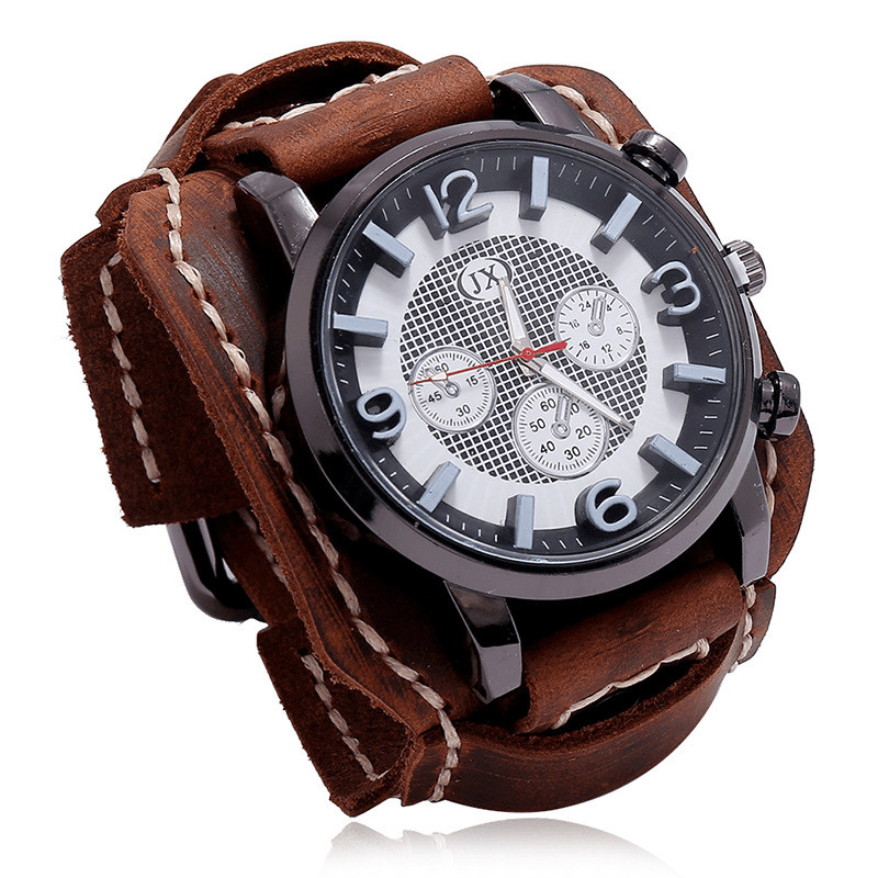 Deffrun Fashionable Cow Leather Band Men Wrist Watch Stereoscopic Numerals Design Quartz Watch - Trendha