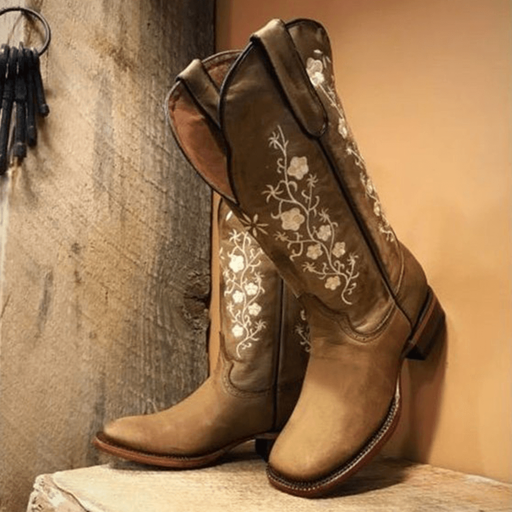 Women's Retro Floral Cowboy Boots - Square Toe Slip-On Mid-Calf Block Heel - Trendha