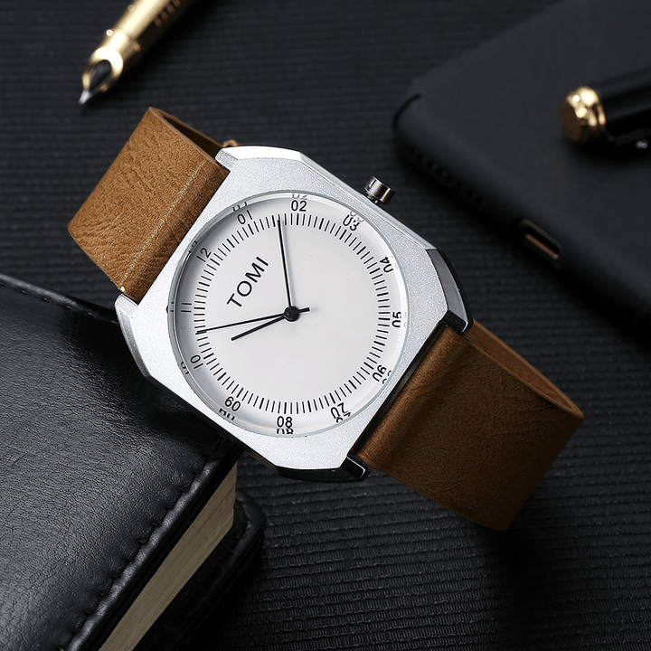 TOMI Fashion Men Watch Ultra Thin Dial Casual Leather Strap Quartz Watch - Trendha