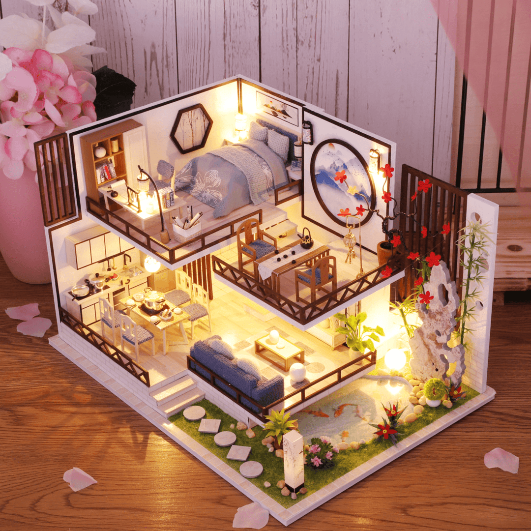 M-029 Chinese Style Wooden DIY Handmade Assemble Doll House Miniature Furniture Kit with LED Effect Toy for Kids Birthday Xmas Gift House Decoration - Trendha