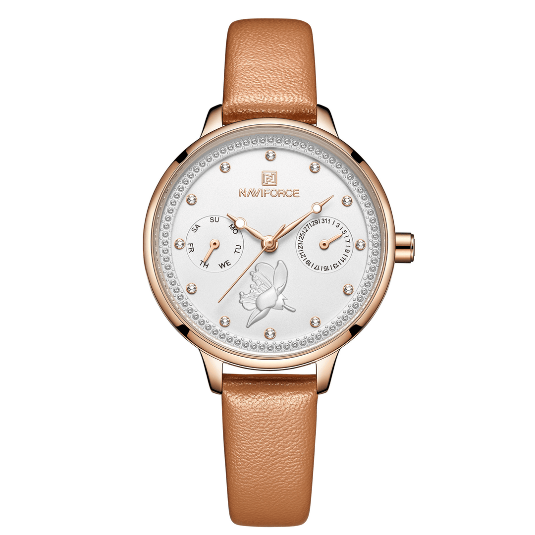 NAVIFORCE 5003 Diamonds Elegant Design Ladies Wrist Watch Genuine Leather Strap Quartz Watch - Trendha
