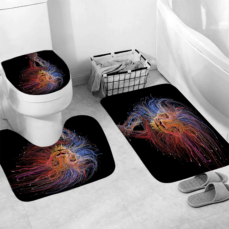 Colorful Lion Pattern Shower Curtain Bath Mat Toilet Pad Set Anti-Slip Toilet Pattern Carpet for Bathroom Decoration - Trendha
