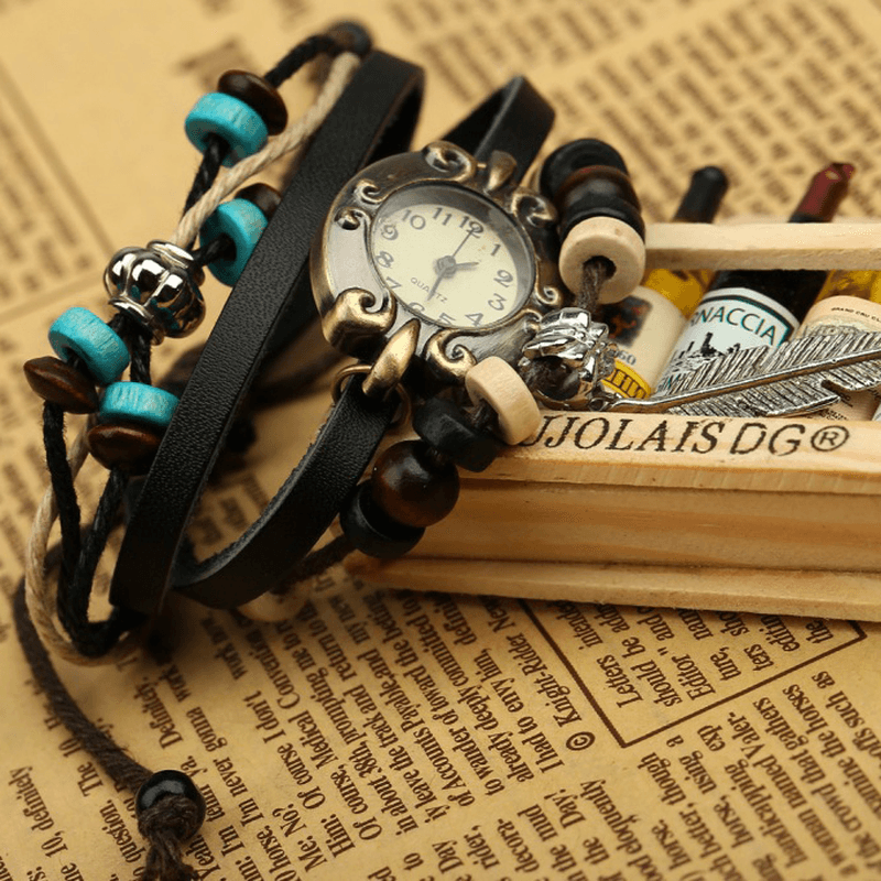 Retro Style Vintage Cowhide Multi-Layer Quartz Watch Weave Feather Pendant Leather Bracelet Watch - Trendha