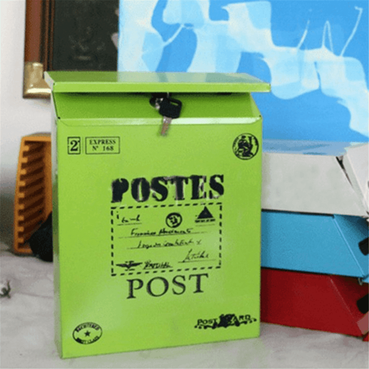 Large Vintage Metal Mail Box Iron Locking Post Card Storage Container Wall Hanging Mailbox with Keys - Trendha