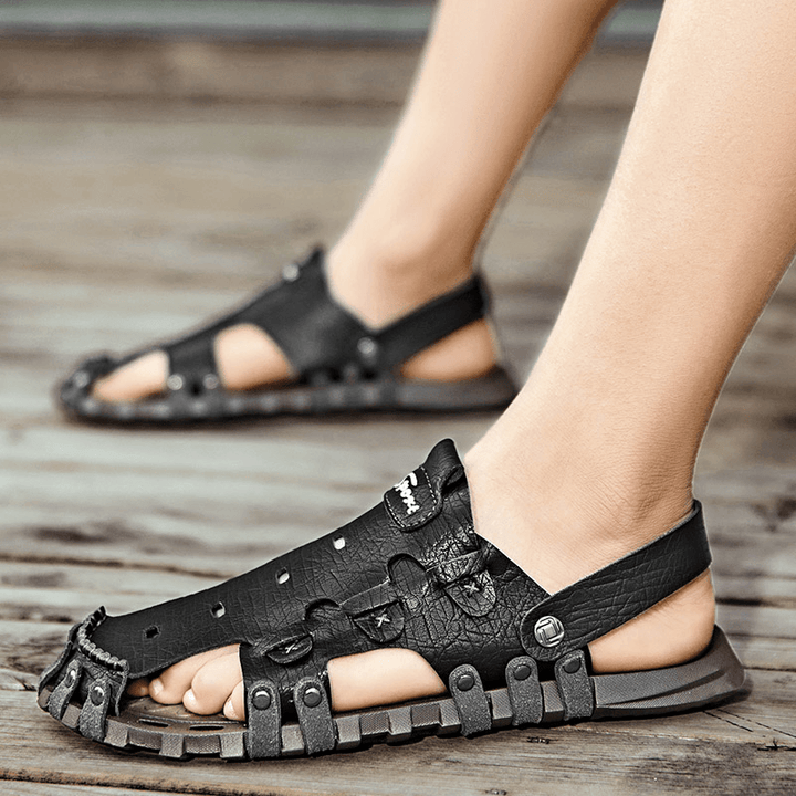 Men PU Sandals Two-Ways Breathable Closed Toe Casual Vintage Slippers - Trendha