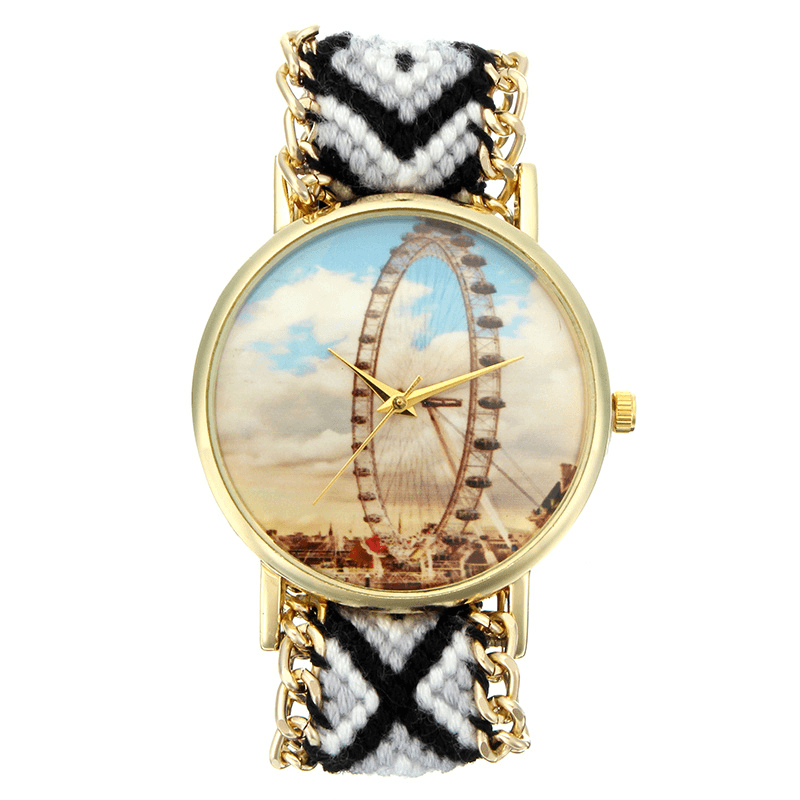 Custom Folk Style Women Watch Ferris Wheel Alloy Case Knitted Fabric Strap Casual Retro Quartz Wrist Watch - Trendha