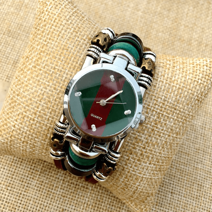 Deffrun Retro Style Men Bracelet Watch Vintage Simple Rhinestone Cowhide Quartz Watch - Trendha