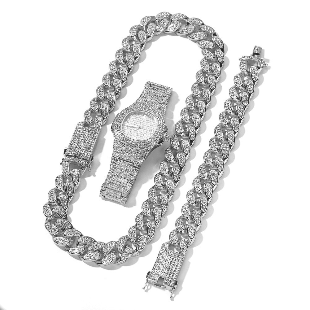 1/3 Pcs Luxury Inlaid Rhinestones Men Watch Set Hip Hop Chain Necklace Bracelet - Trendha