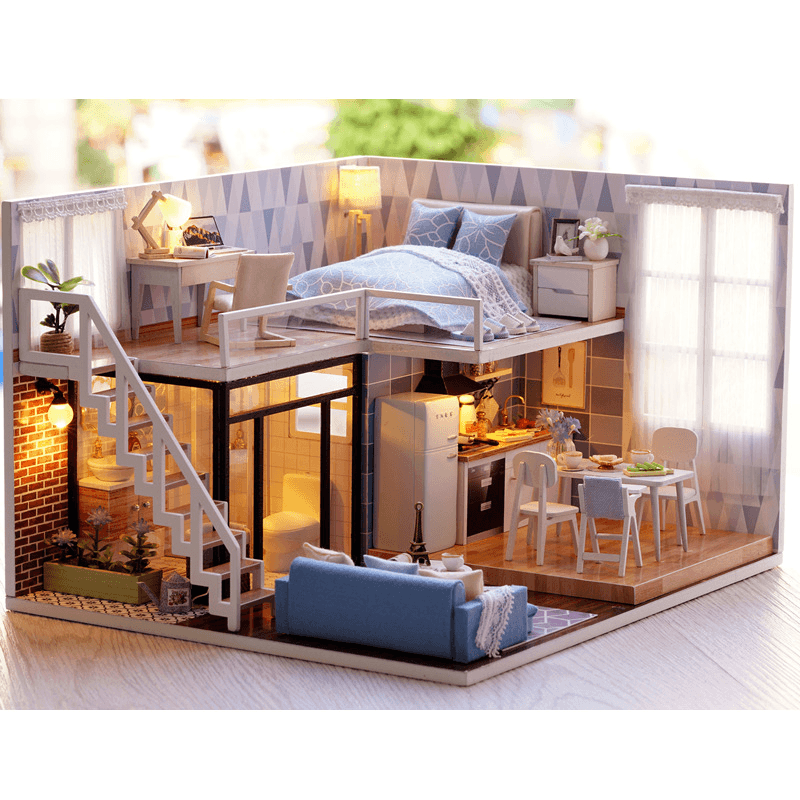 Cuteroom L-023 Blue Time DIY House with Furniture Music Light Cover Miniature Model Gift Decor - Trendha
