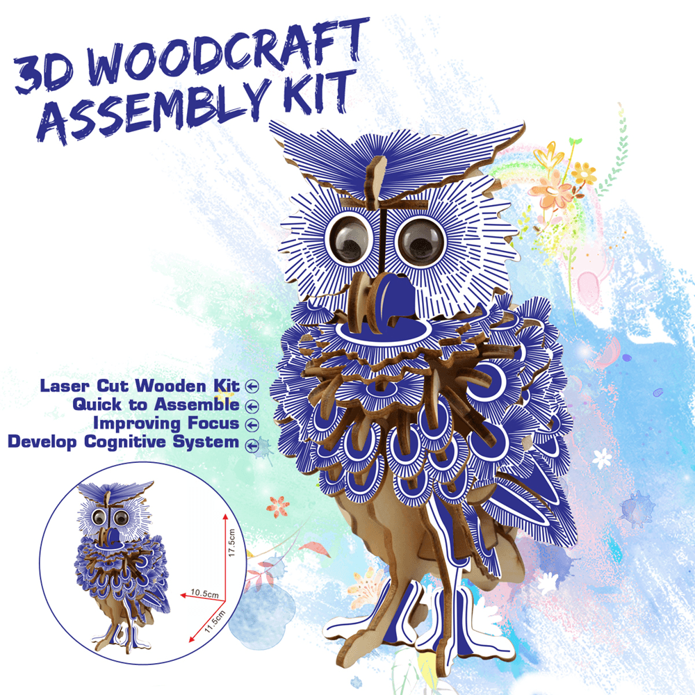 3D Woodcraft Assembly Kit Blue Owl with Eyes for Children Toys - Trendha