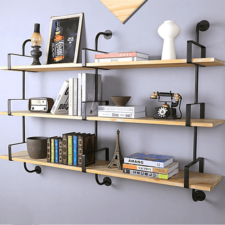 2Pcs Wall Mounted Shelf Industrial Retro Bookshelf DIY Storage Shelves Bracket 3 Layers Iron Pipe Shelf for Home Decor Kitchen Kids Rooms - Trendha