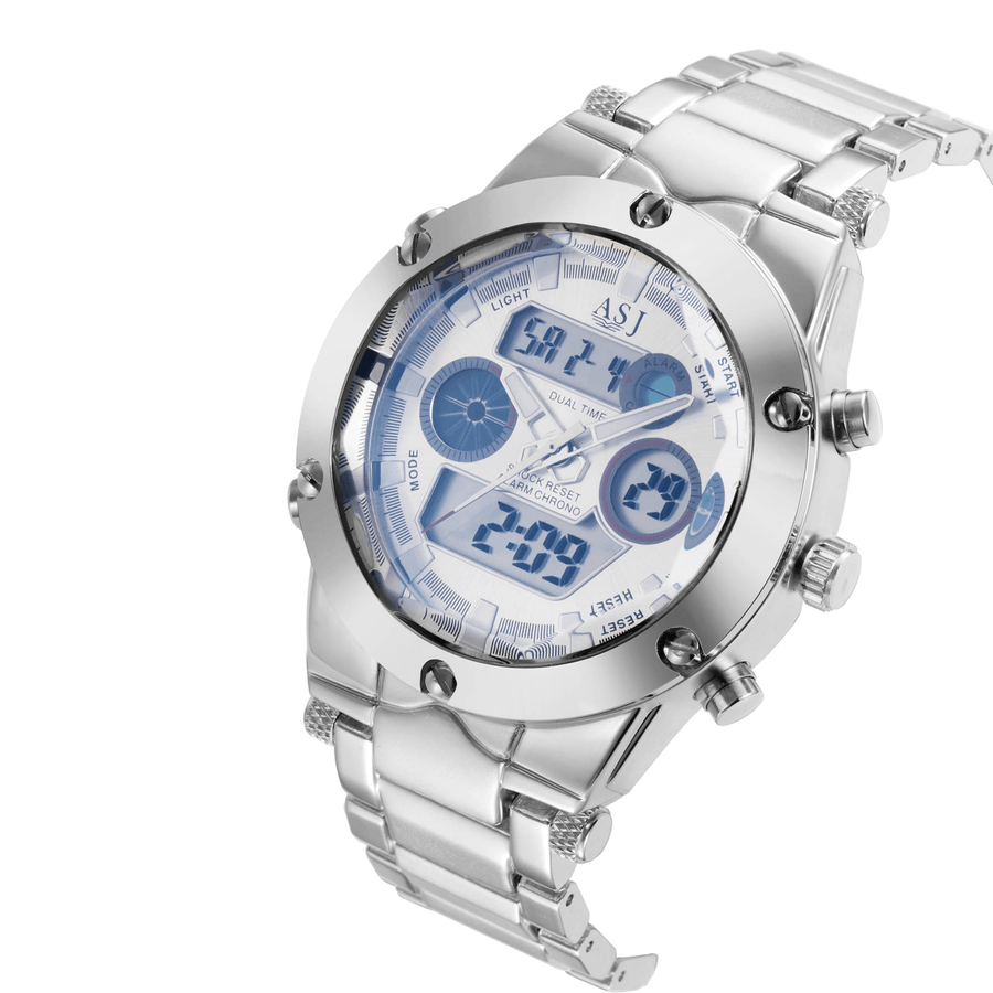 ASJ Men Fashion Full Metal Waterproof Dual Display Digital Watch - Trendha