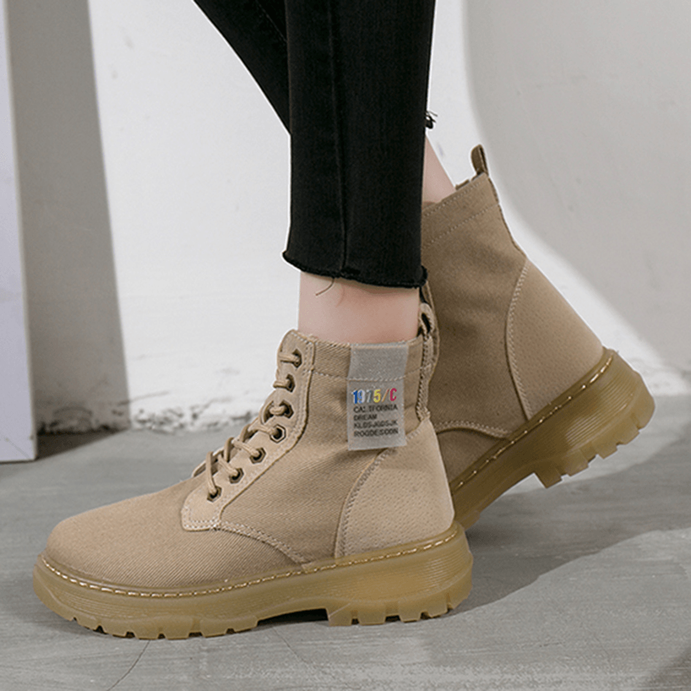 Women Casual Canvas Thick Sole High Top Lace up Combat Boots - Trendha