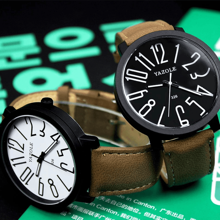 Yazole 326 Fashion Casual Men Watch Large Dial 3ATM Waterproof Luminous Pointers Leather Strap Quartz Watch - Trendha