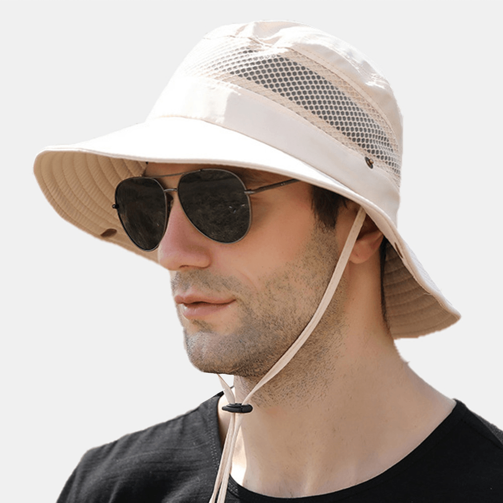 Men Foldable Mesh Breathable Sunshade Hat Windproof Rope Adjustable Outdoor Fishing Anti-Uv Bucket Hat - Trendha