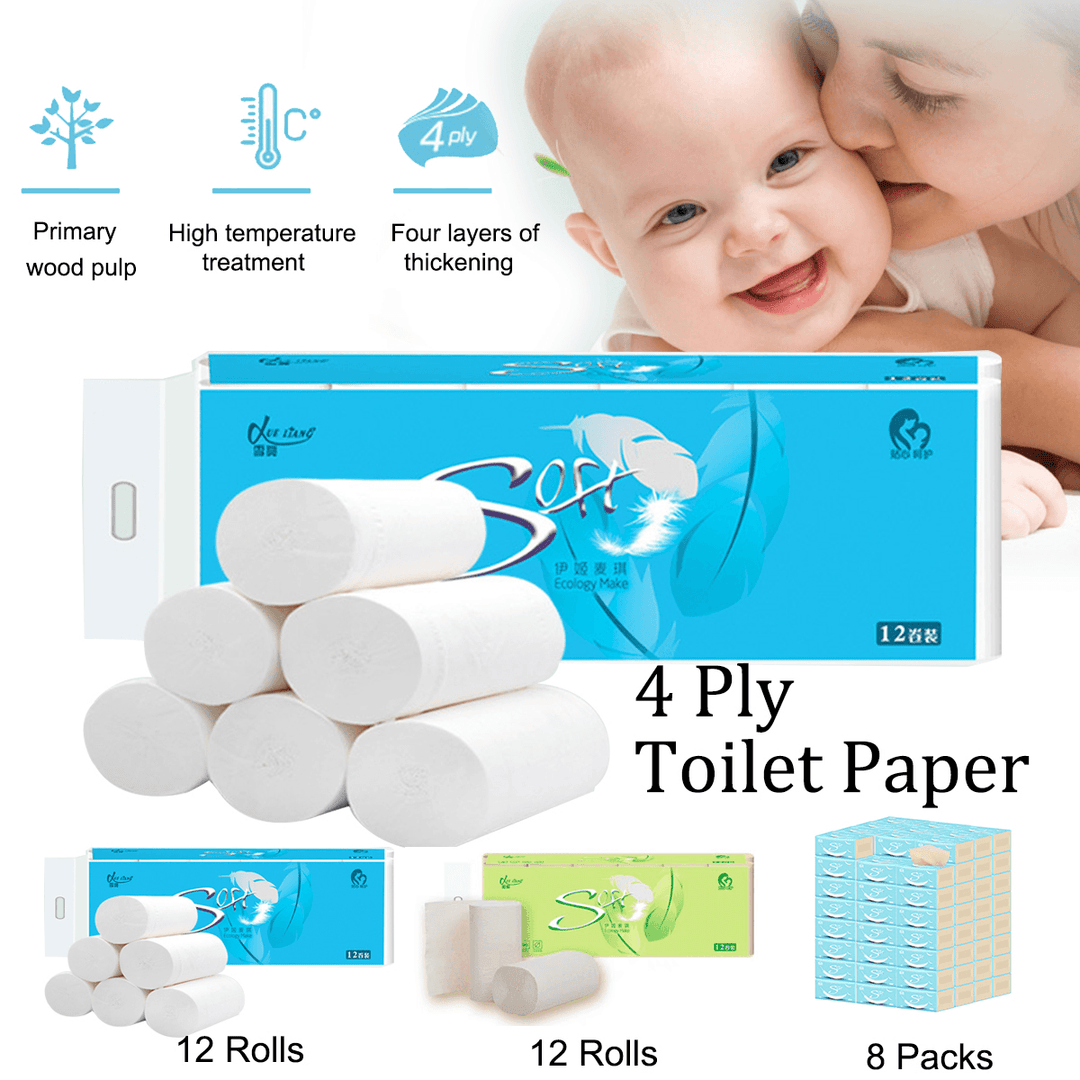 12 Rolls or 8 Pack Toilet Paper Soft White 4 Ply Bathroom Kitchen Tissues Bamboo - Trendha